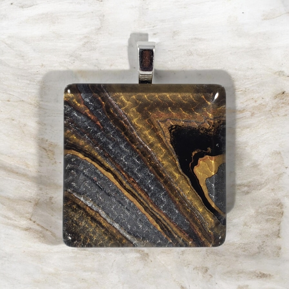 Handmade Abstract Art Pendant • Leather Base • Glass Cabochon Necklace